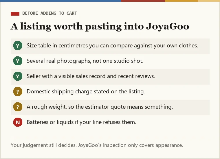 Checklist for picking a listing: size table, real photos, sales record, domestic shipping, weight, line restrictions