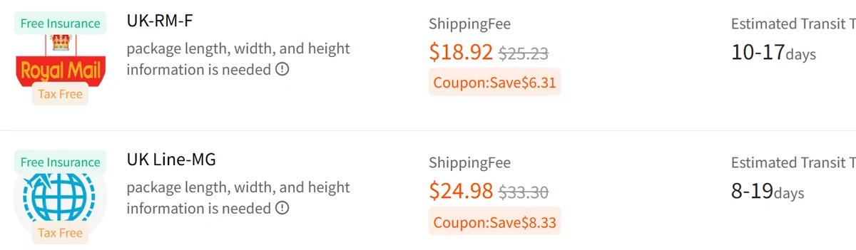 JoyaGoo estimator rows for UK-RM-F and UK Line-MG showing Free Insurance and Tax Free tags, red prices 18.92 and 24.98 dollars and Coupon:Save labels