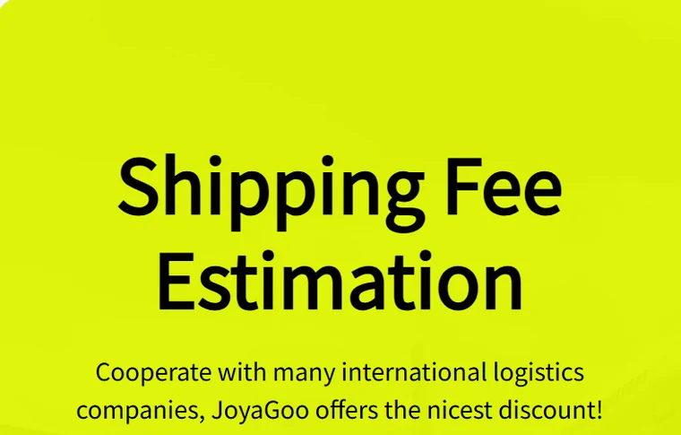 Lime-green panel from the JoyaGoo estimation page: Shipping Fee Estimation, with the line JoyaGoo offers the nicest discount, over an aircraft illustration